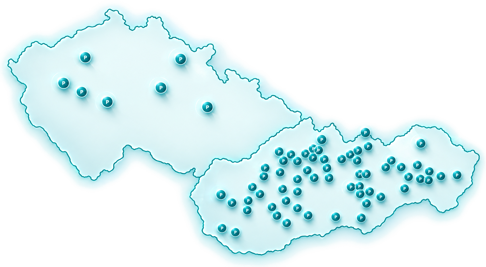 Mapa Slovenska a Česka s vyznačenými lokalitami, kde je nasadený systém EM CARD